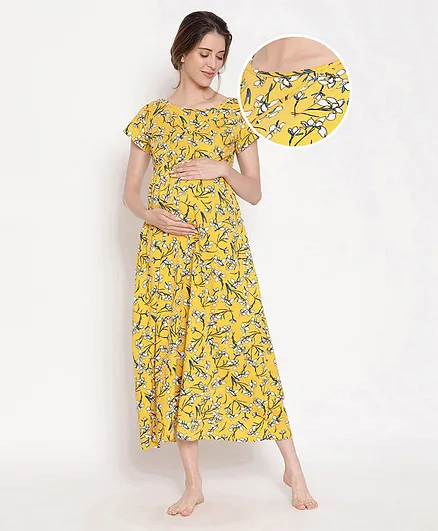 Bella Mama Half Sleeves Maternity Nighty - Yellow
