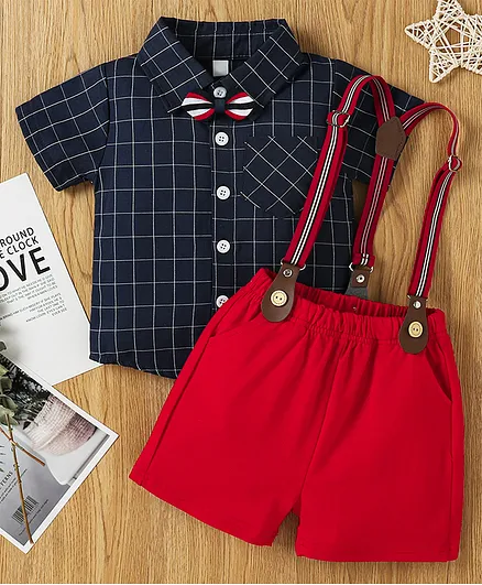 Kookie Kids Half Sleeves Shirt and Shorts with Suspenders - Red