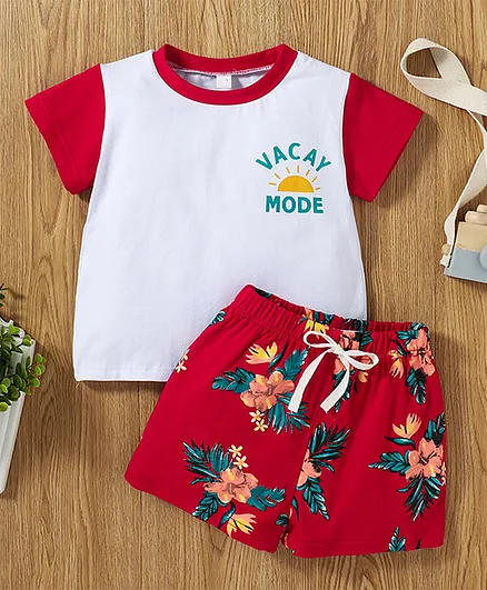 Kookie Kids Half Sleeves Tee and Shorts Set Honey Vacay Print - White Red