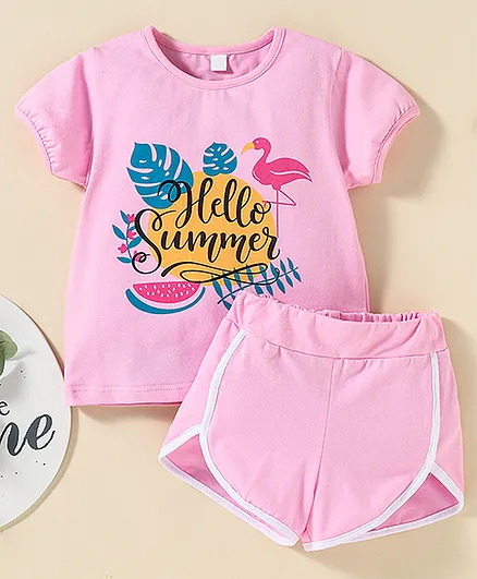 Kookie Kids Half Sleeves Tee and Shorts Set Flamingo Print - Pink