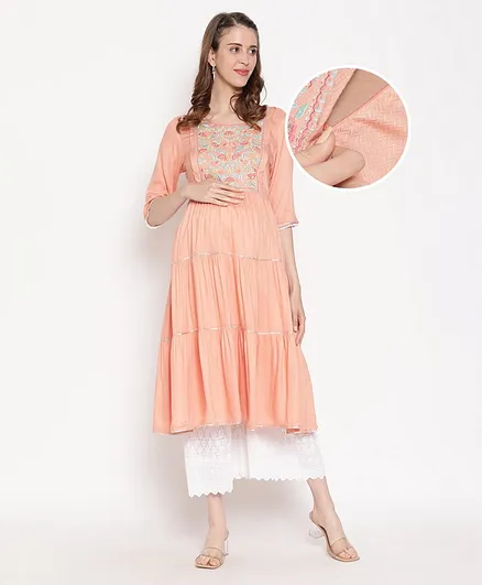 Bella Mama 3/4th Sleeves Printed Maternity Ethnic Kurta With Mask - Peach