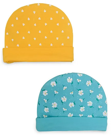 Babyoye Baby Cap Hearts And Flowers Print Blue Yellow Pack of 2 - Diameter 10 cm