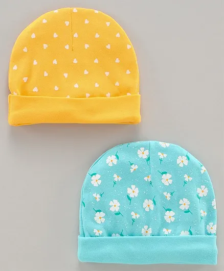 Babyoye Baby Cap Hearts And Flowers Print Blue Yellow Pack of 2 - Diameter 10.5 cm