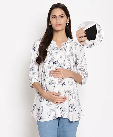 Bella Mama Three Fourth Sleeves Maternity Tunic Top - White