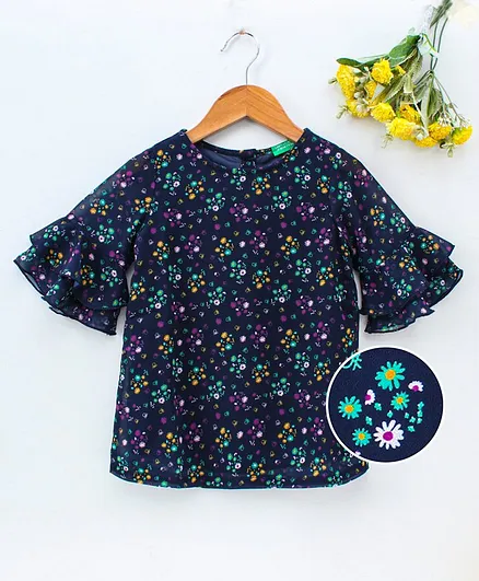 UCB Three Fourth Sleeves Frock Floral Print - Navy Blue