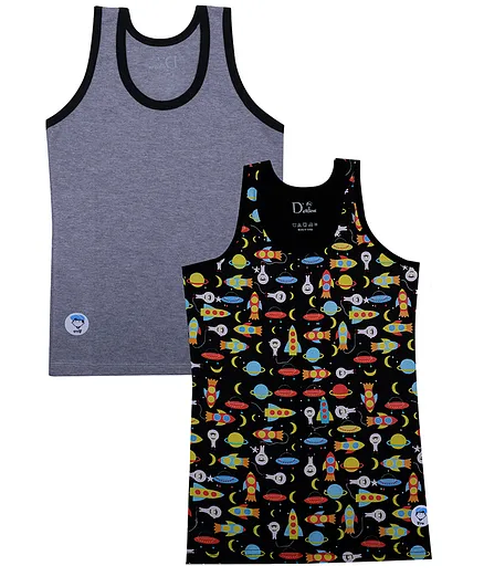 D'chica Bro Sleeveless Pack of 2 Printed Vests - Black Grey