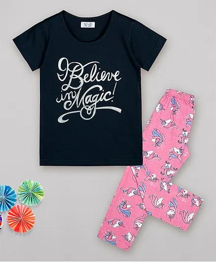 Sheer Love I Believe In Magic Short Sleeves Print Night Suit - Blue