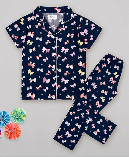 Sheer Love All Over Bows Print Short Sleeves Night Suit - Blue