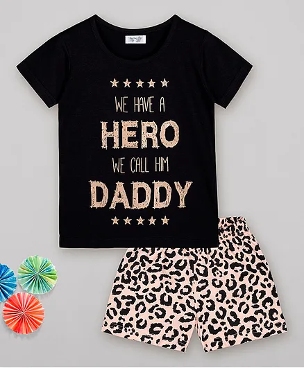 Sheer Love We Have A Hero We Call Him Daddy Print Short Sleeves Night Suit - Black