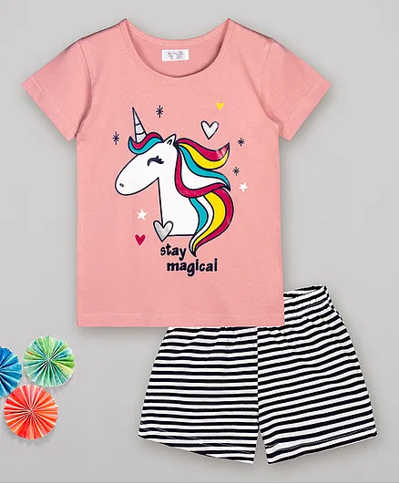 Sheer Love Unicorn Stay Magical Print Short Sleeves Night Suit - Peach