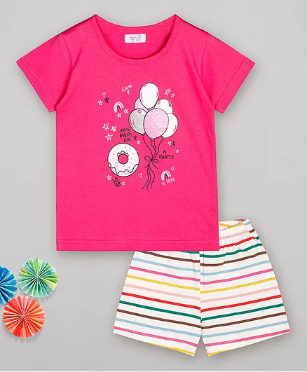 Sheer Love Balloons Printed Short Sleeves Night Suit - Dark Pink