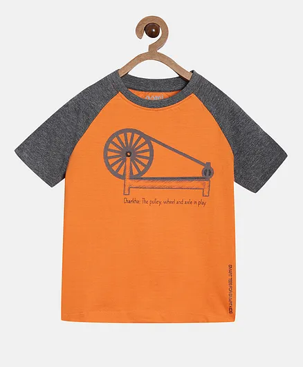 Aomi Raglan Half Sleeves Charkha Print Detailing Tee - Orange