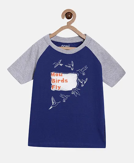 Aomi Raglan Half Sleeves Bird Fly Print Detailing Tee - Blue