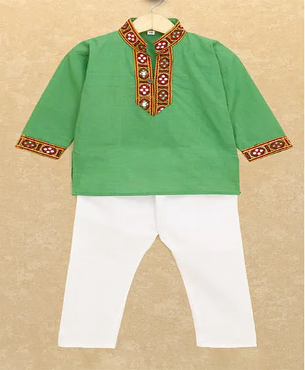 Banjara India Full Sleeves Kutchi Emboidered Kurta Pyjama Set - Green