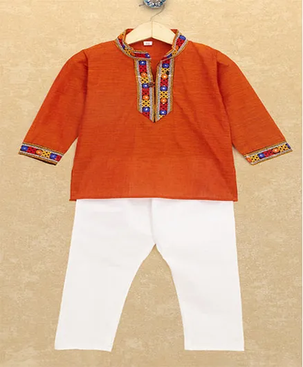 Banjara India Full Sleeves Kutchi Emboidered Kurta With Pyjama - Orange