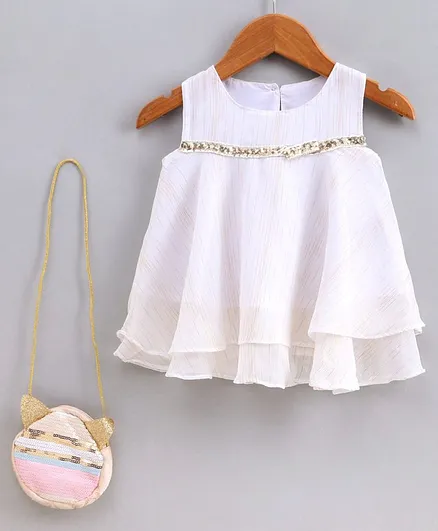 Little Kangaroos Sleeveless Party Wear Top with Sequined Lace - White