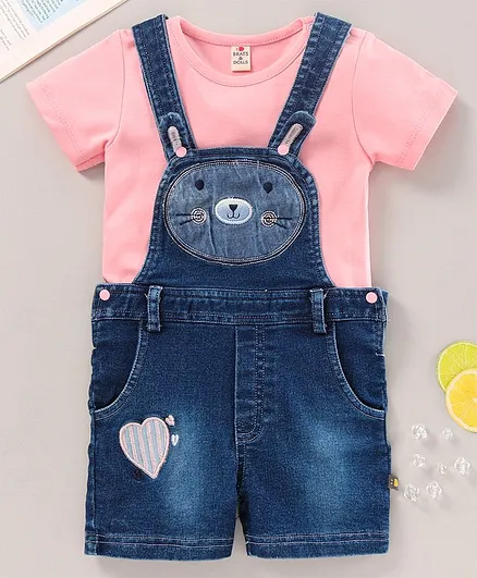 Brats and Dolls Denim Dungaree Style Romper With Half Sleeves Tee - Blue