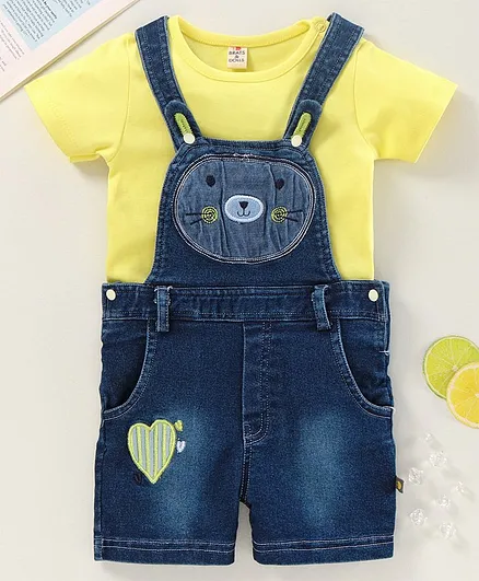 Brats and Dolls Denim Dungaree Style Romper With Half Sleeves Tee - Yellow