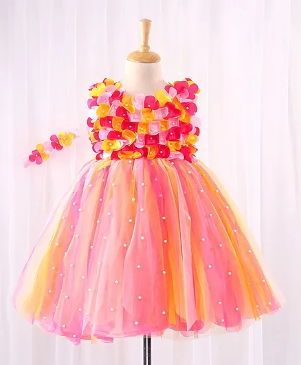 Li&Li BOUTIQUE Sleeveless Flower Applique Gown With Headband - Yellow & Pink