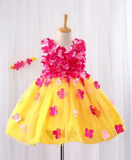 Li&Li BOUTIQUE Sleeveless Flower Applique Gown With Headband - Pink & Yellow