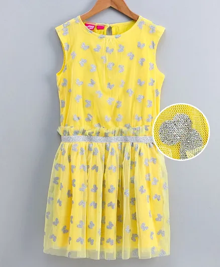 Under Fourteen Only Printed Glitter Elastic At Waist Sleeveless Dresses - Yellow