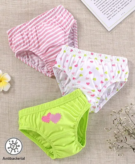 Babyhug 100%Cotton & Anti Bacterial Finish Panties Heart Print Pack of 3 - Pink White Green
