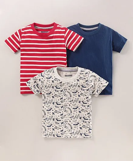 Rikidoos Pack Of 3 Half Sleeves Striped & Fish Printed Tee - Blue & Red