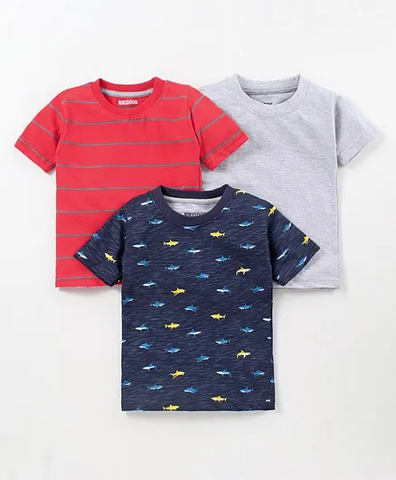 Rikidoos Pack Of 3 Half Sleeves Striped & Fish Printed Tee - Red & Blue