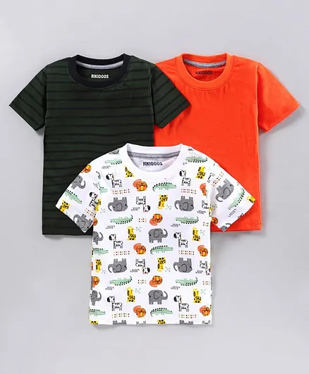 Rikidoos Pack Of 3 Half Sleeves Striped & Animal Printed Tee - Orange & Green