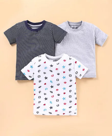 Rikidoos Pack Of 3 Half Sleeves Striped & Stars Printed Tee - Blue & Grey