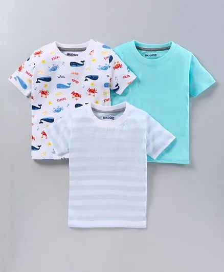 Rikidoos Pack Of 3 Half Sleeves Striped & Dolphin Printed Tee - Blue & Off White