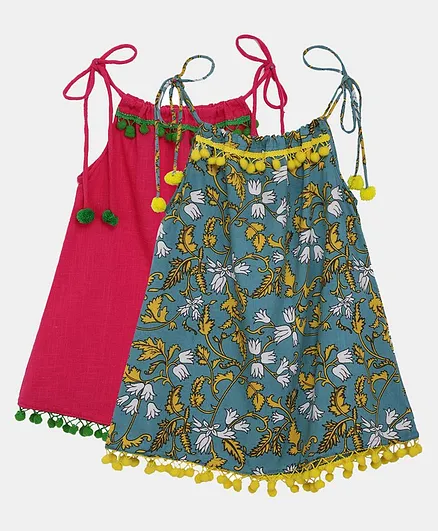 BownBee Set of 2 Sleeveless Flower Print Tops - Green Pink