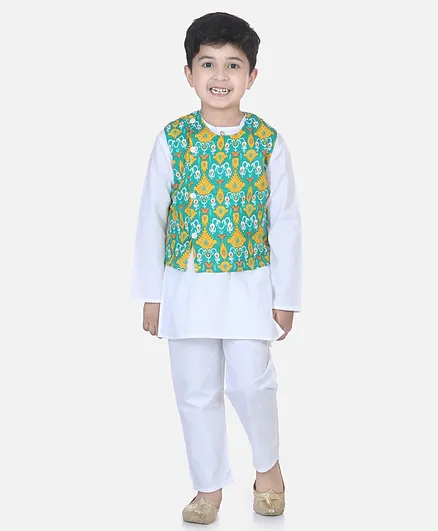 BownBee Full Sleeves Printed Attached Jacket Kurta & Pyjama Set - White