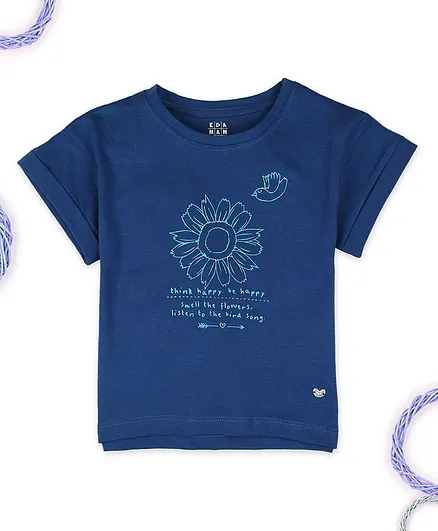 Ed-a-Mamma Extended Shoulder Short Sleeves Text & Flower Print Tee - Blue