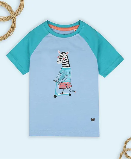 Ed-a-Mamma Colour Blocked Half Sleeves Zebra Print Tee - Blue