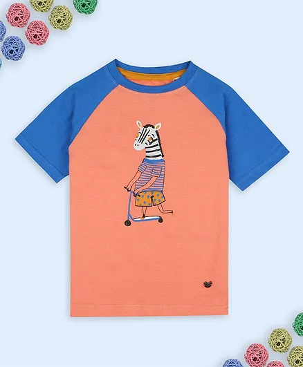 Ed-a-Mamma Colour Blocked Half Sleeves Zebra Print Tee - Peach