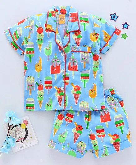 Yellow Duck Half Sleeves Night Suit Ice Cream Print - Blue