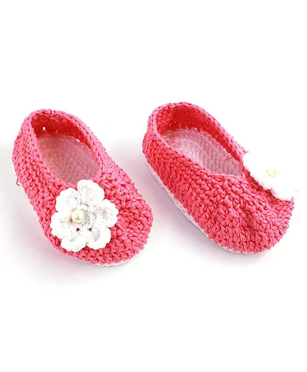 Aabacus Flower Applique Crochet Booties - Pink And White