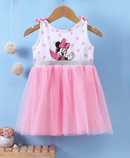 Babyhug Sleeveless Frock with Mesh Minnie Mouse Print - Pink