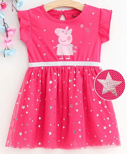 Babyhug Half Sleeves Frock Peppa Pig Print - Pink
