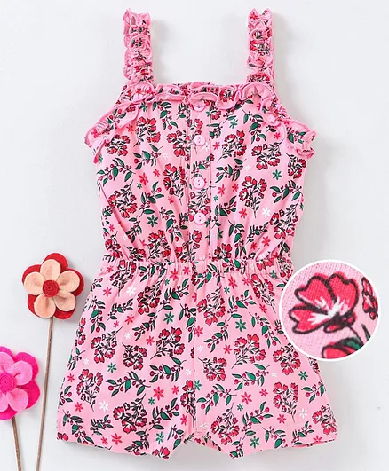 Babyhug Singlet Sleeves Jumpsuit Floral Print - Pink