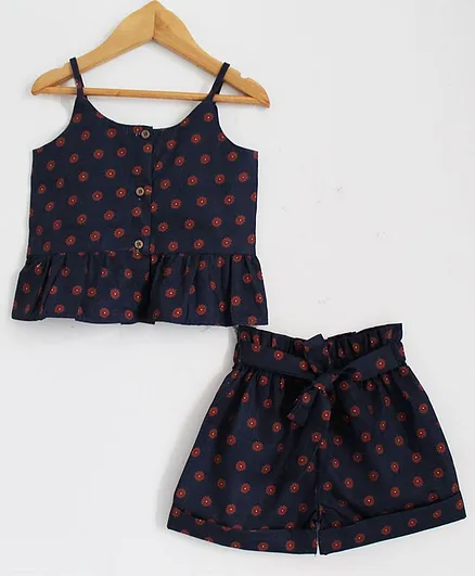 Woonie Floral Printed Sleeveless Top With Shorts - Blue