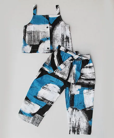 Woonie Abstract Printed Sleeveless Top With Pants - Blue