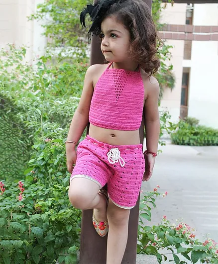 Woonie Handmade Crochet Sleeveless Top With Shorts - Pink