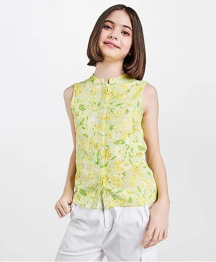 AND Girl Sleeveless Floral Print Top - Lime