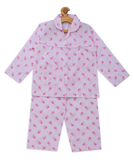 Fuzzy Bear Full Sleeves 100% Cotton Ice Cream Print Night Suit - Pink