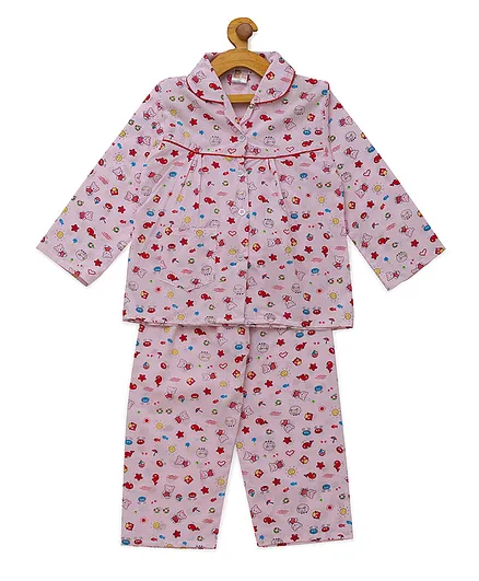 Fuzzy Bear 100% Cotton Full Sleeves All Over Bear Print Night Suit - Pink