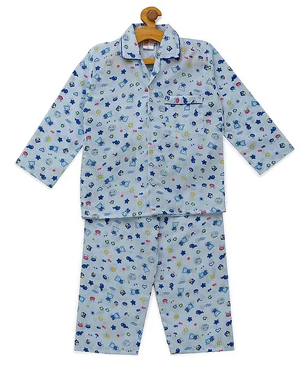 Fuzzy Bear Print Full Sleeves Night Suit 100% Cotton - Blue
