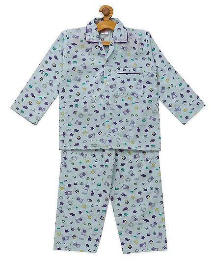 Fuzzy Bear Print Full Sleeves 100% Cotton Night Suit - Green