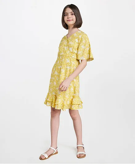 AND Girl Half Sleeves Flower Print Dress - Yellow
